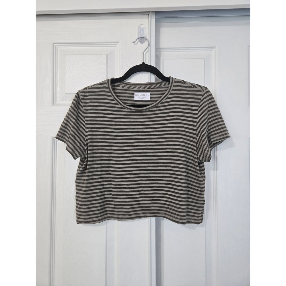 Goodlife Womens Striped Cropped T-Shirt Grey Olive Green Crew Neck USA XS
